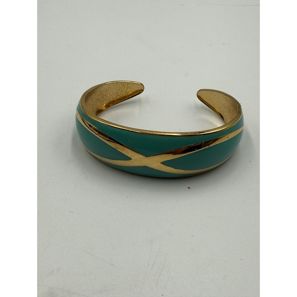 Vintage Teal Enamel Gold Tone Crisscross Cuff Bracelet Turquoise Blue Statement